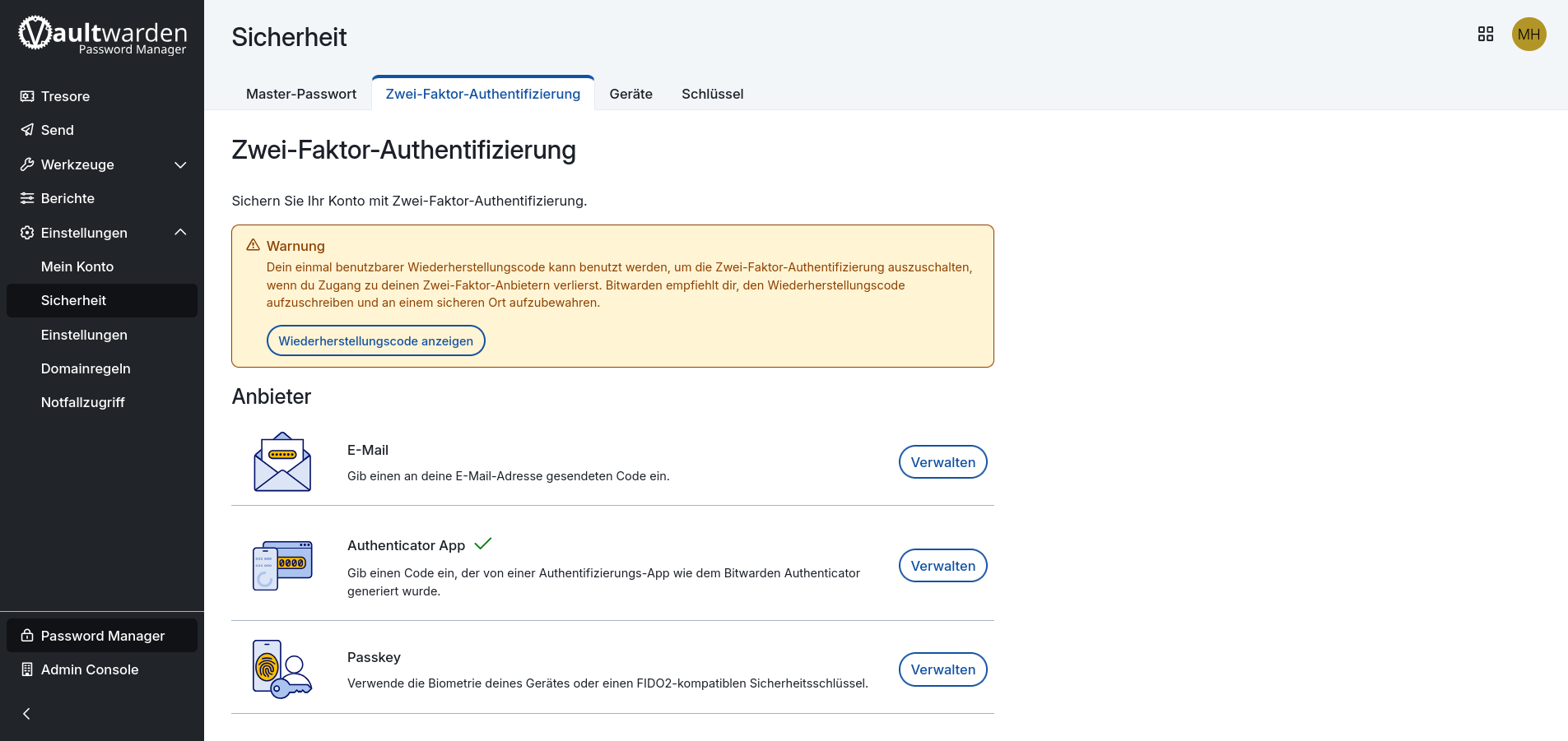 Vaultwarden – Zwei-Faktor-Authentifizierung
